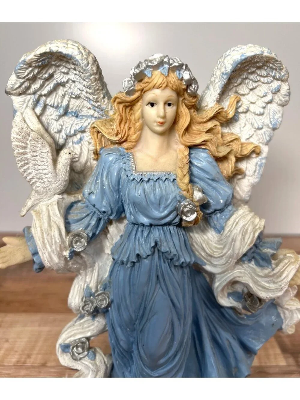 Christmas Angel Figurine With Dove & Flowers In Blue Dress